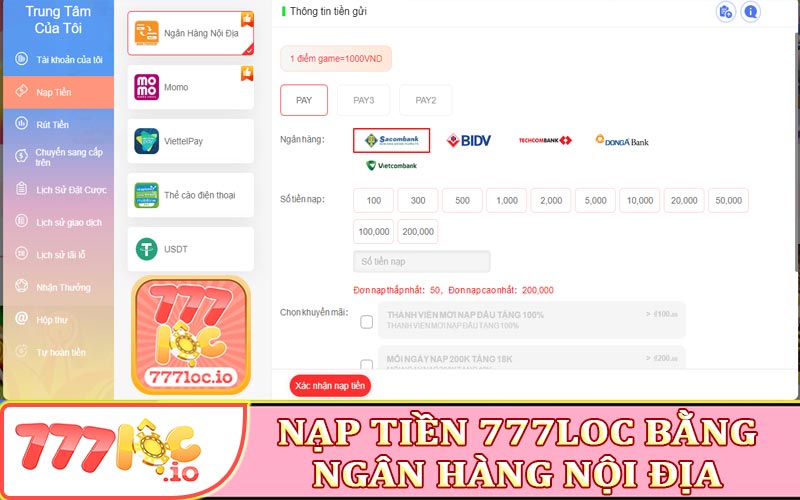 Nạp tiền 777 Lộc bằng ngân hàng nội địa