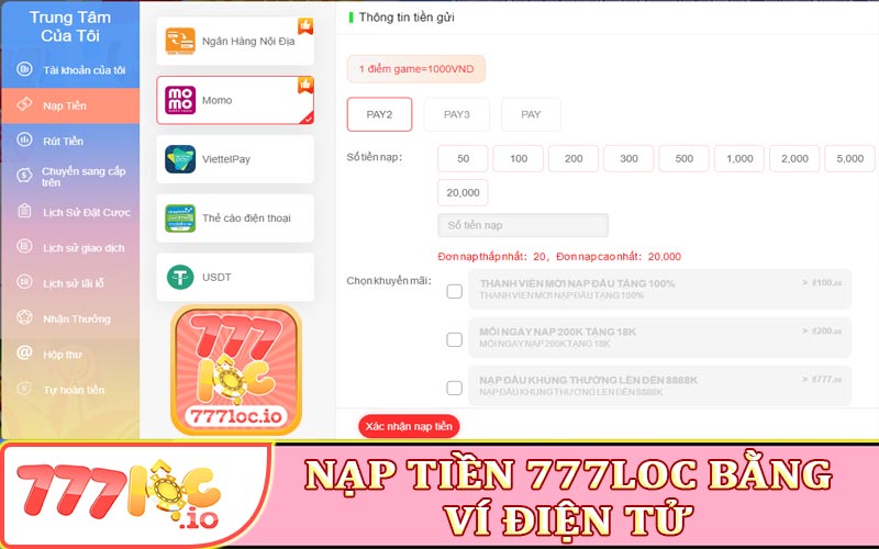 Nạp tiền 777Loc bằng Ví điện tử